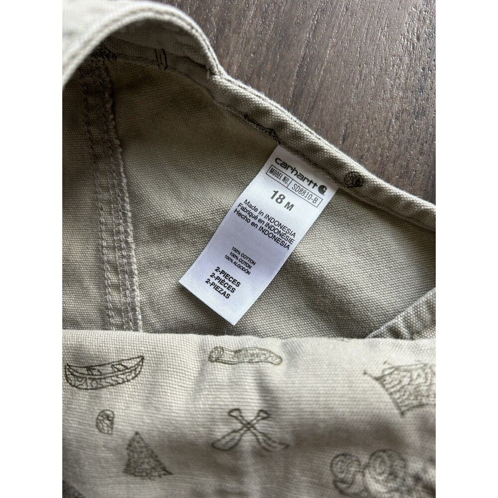 Carhartt Toddler Baby 18 Months Beige Happy Camper Bottom Snap Overalls - Picture 5 of 8